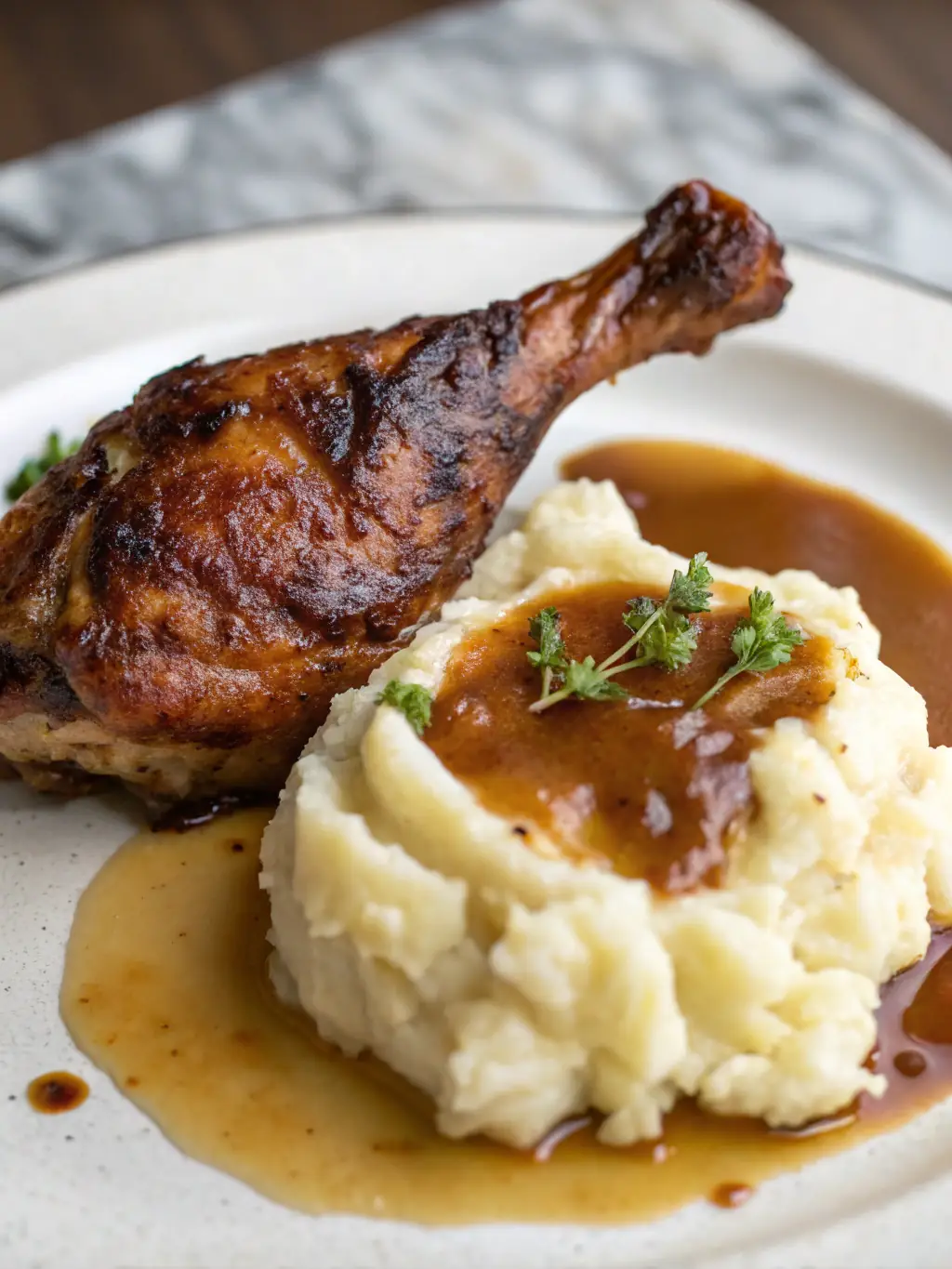 A perfectly roasted quarter chicken, skin glistening, served with a side of golden fries and Swiss Chalet's signature Chalet dipping sauce in a small white bowl, presented on a wooden board.