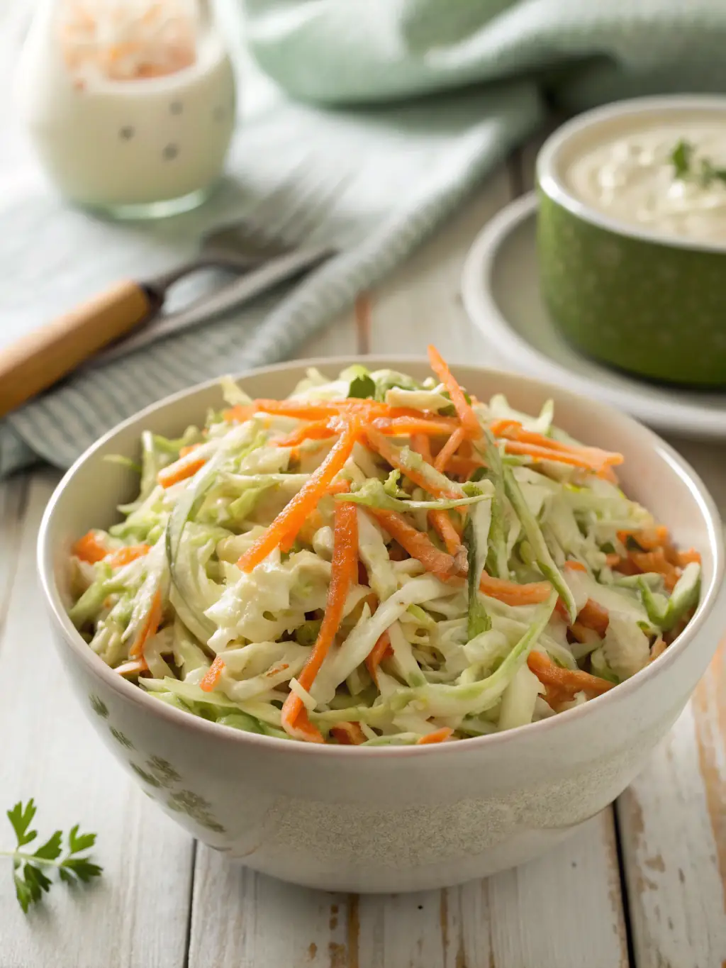A close-up shot of Swiss Chalet's creamy coleslaw in a small paper cup, showcasing the vibrant colors of the shredded cabbage, carrots, and creamy dressing.