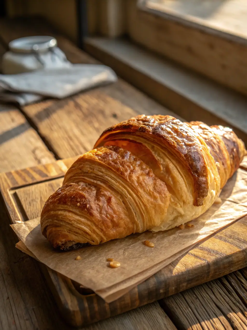 A warm, flaky, and buttery croissant, sliced open to reveal its soft interior, served with a small pat of butter on the side.