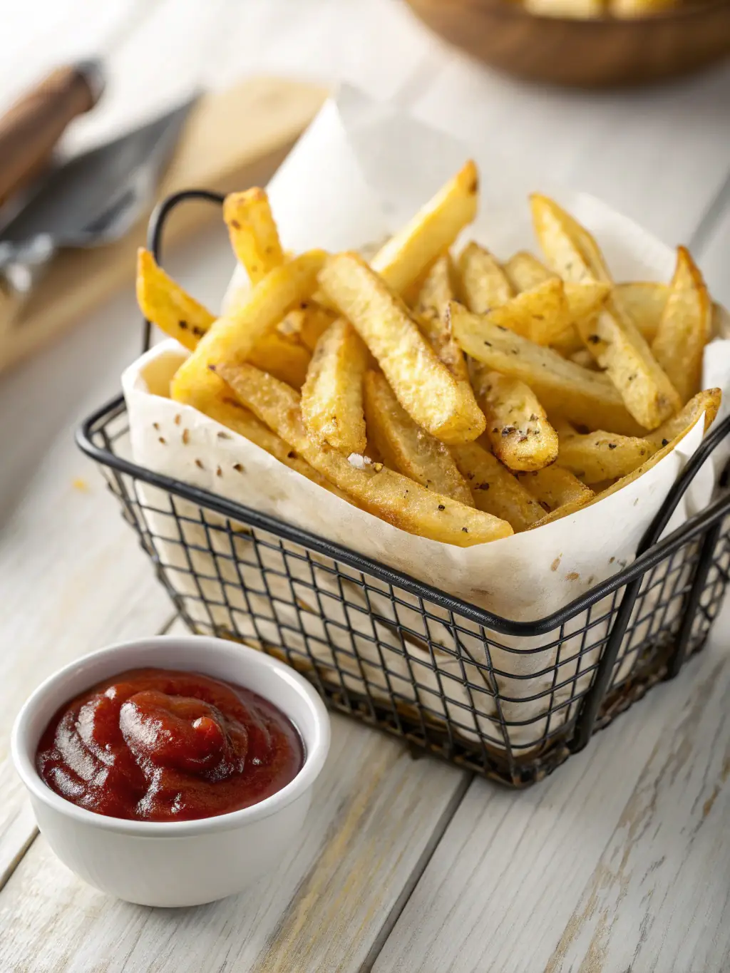 A generous portion of crispy, golden-brown fries served in a red and white Swiss Chalet branded container, with a sprinkle of salt.