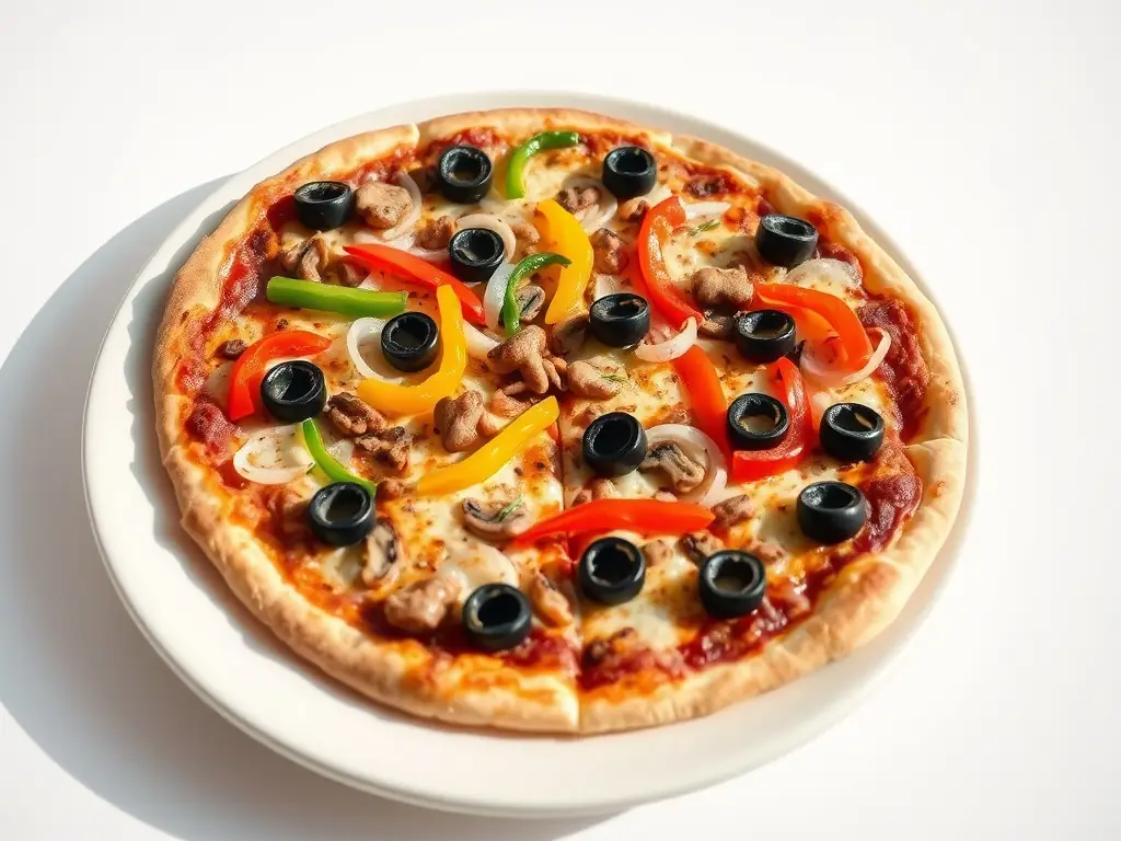 A mouthwatering image of a Pizzaville Vegetarian pizza, showcasing a colorful assortment of fresh vegetables such as bell peppers, mushrooms, onions, and olives. The pizza should look vibrant and appetizing.