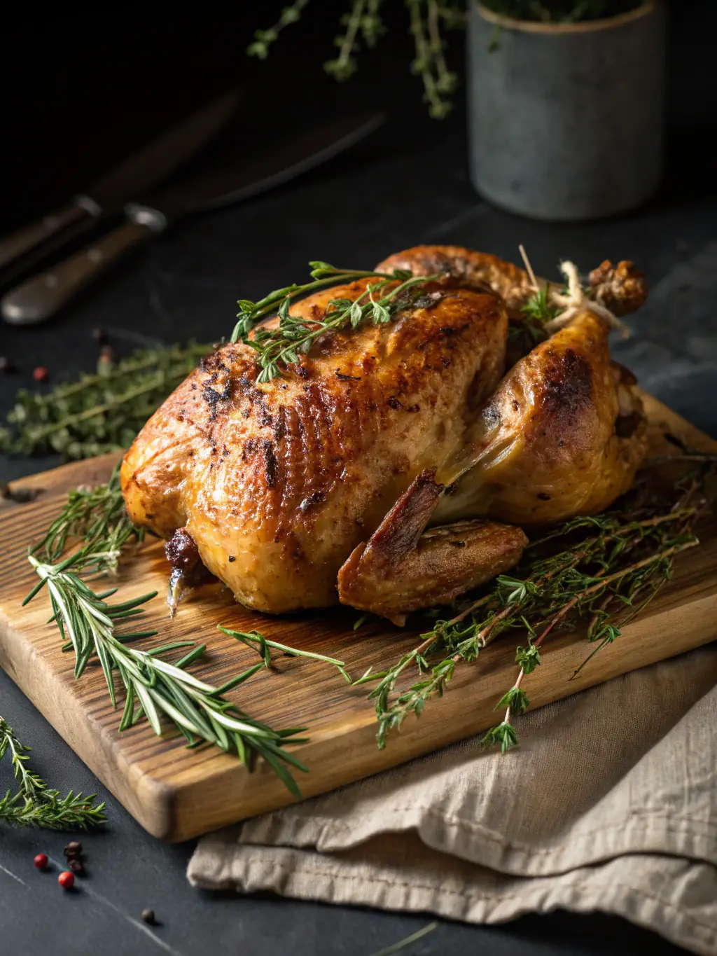 A perfectly roasted quarter chicken, skin glistening with herbs and spices, served with a side of Chalet dipping sauce in a small ceramic bowl, presented on a wooden board.