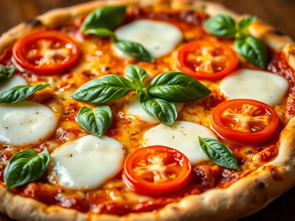 A high-quality, close-up shot of a Pizzaville Margherita pizza, showcasing the fresh basil, ripe tomatoes, and melted mozzarella cheese on a perfectly baked crust. The image should highlight the vibrant colors and textures of the ingredients.