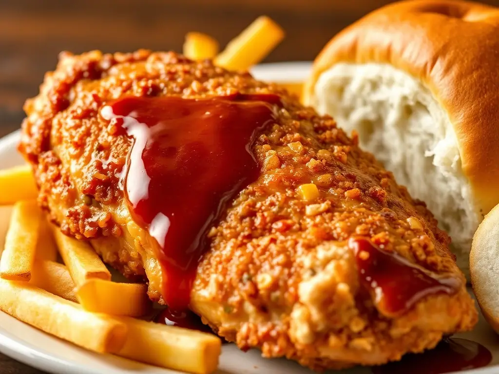 A close-up shot of a quarter chicken dinner with Chalet dipping sauce, showcasing the juicy chicken and golden-brown skin, served with a side of crispy fries and a dinner roll.