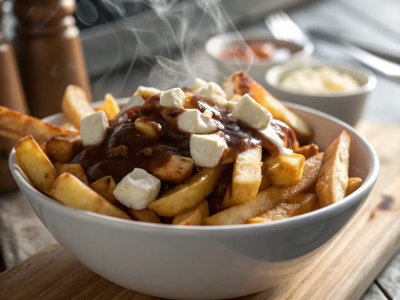 A vibrant image of a plate of Swiss Chalet's poutine, featuring golden fries, cheese curds, and rich gravy, highlighting the cheesy and savory flavors.